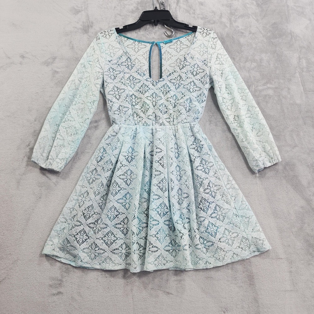 Hollister Dress Womens S Blue Lace Geometric V-Neck Fit & Flare Long Sleeve Mini